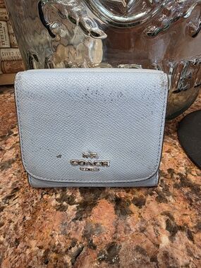 *PROJECT* COACH Light Blue Saffiano Leather Compact Wallet with Logo Hardware